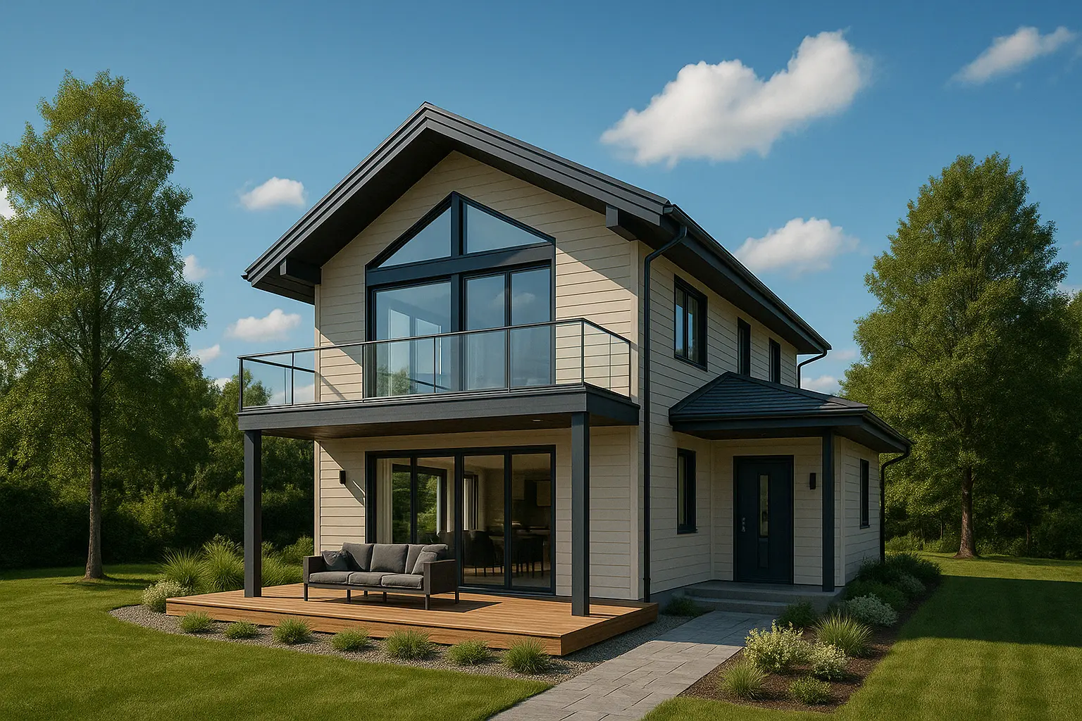 Moderna montažna kuća sa dvije etaže, velikim staklenim prozorima, balkonima i drvenom terasom, smještena u zelenom prirodnom okruženju pod vedrim nebom