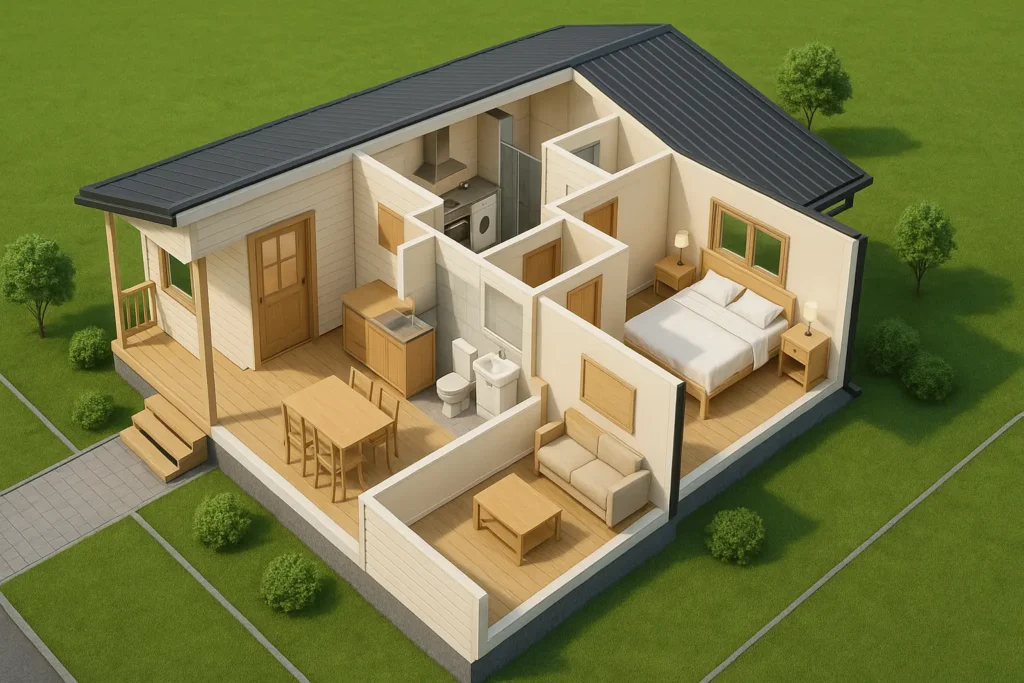 Vizualizacija kvalitetnog 3D idejnog plana za modernu montažnu kuću sa prikazom rasporeda prostorija i vanjskog izgleda