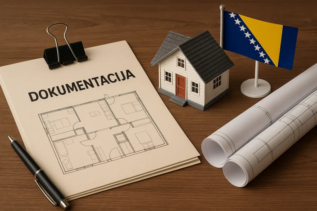 Ilustracija dokumentacije potrebne za montažnu kuću u BiH – prikaz građevinske dozvole, urbanističke saglasnosti i tehničk