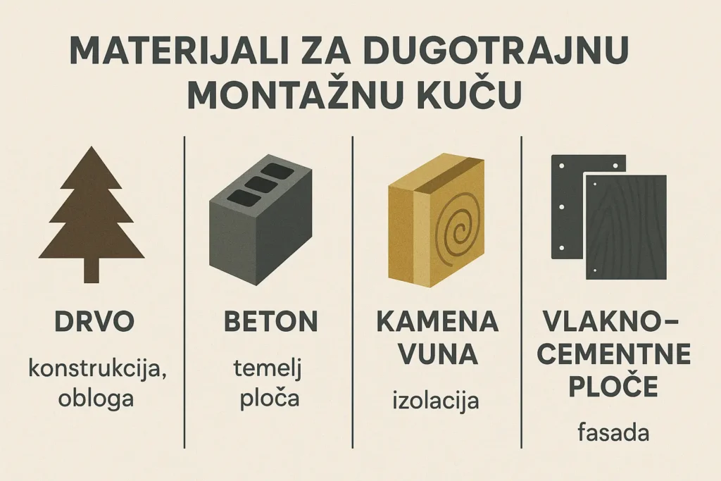 Montažna kuća u izgradnji sa prikazanim građevinskim materijalima – OSB ploče, izolacijski paneli i krovna konstrukcija