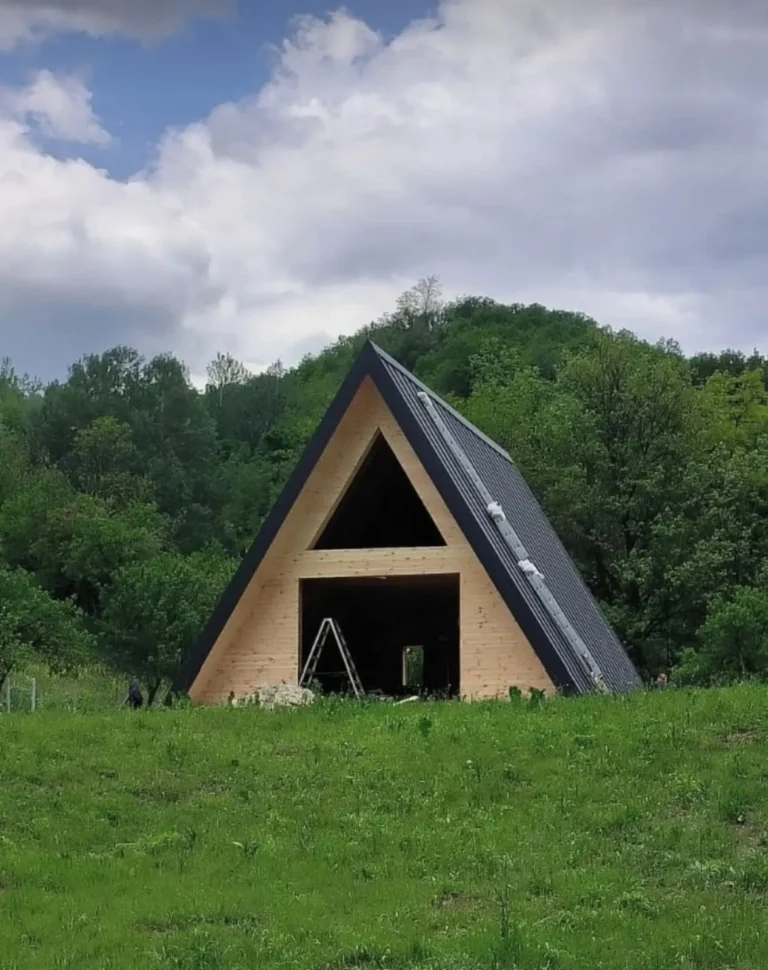 Rustikalna vikendica sa drvenom fasadom i kaminom u dvorištu